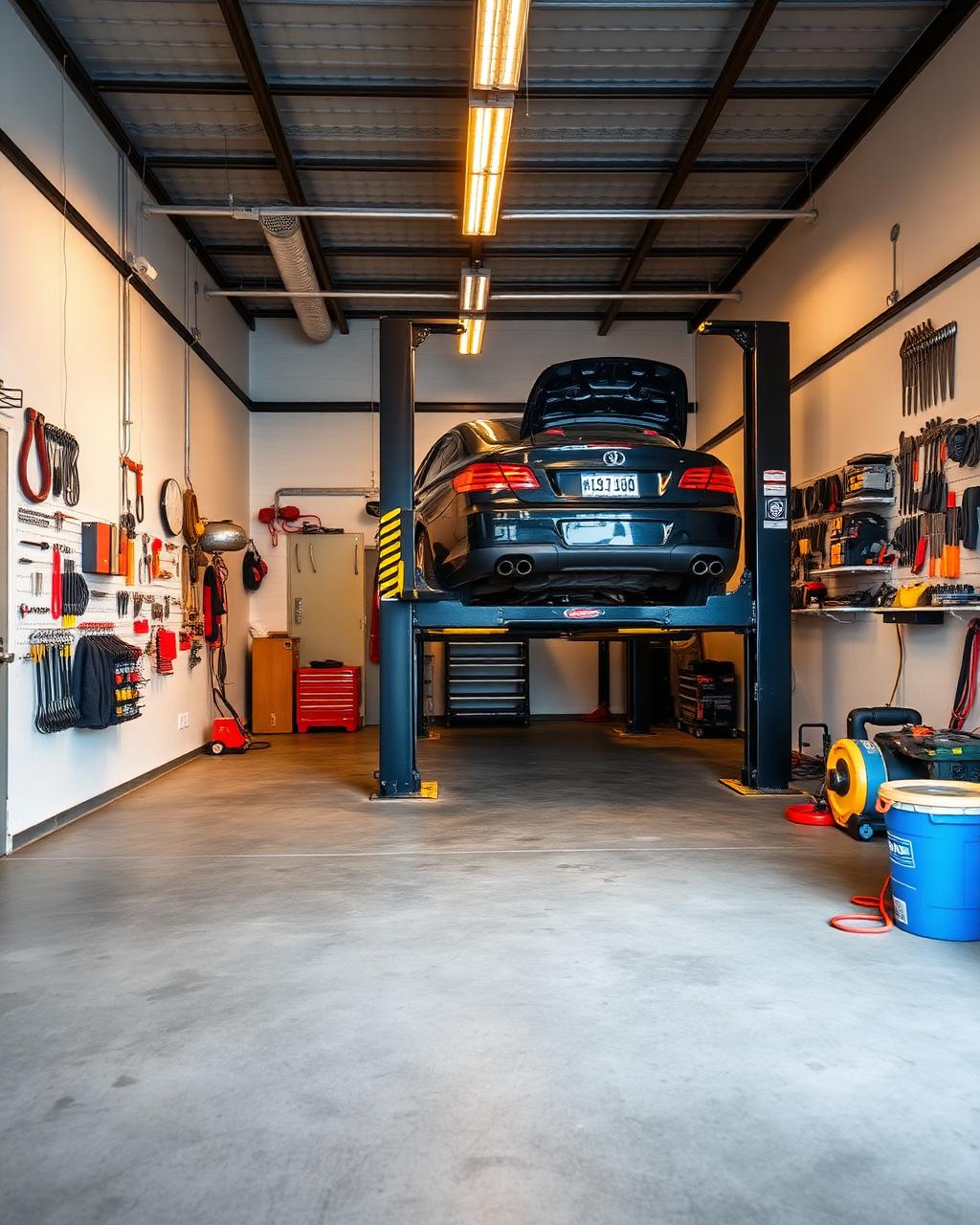 AStarAutos workshop interior with a vehicle on a hydraulic lift